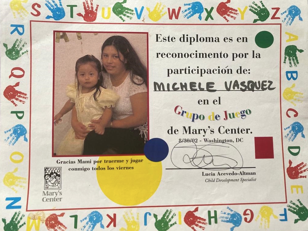 certificate of Michelle Vasquez participation in Briya in 2002